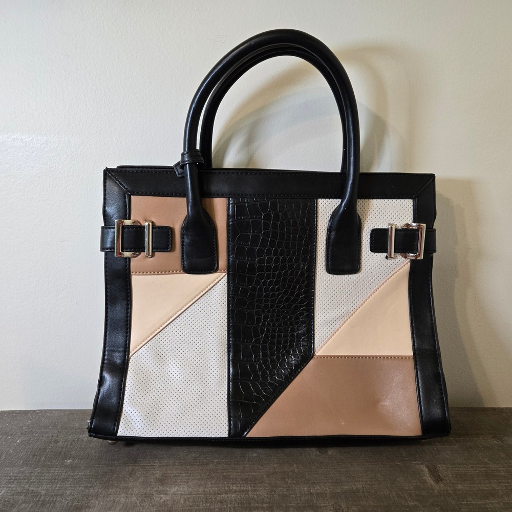 Nine West Colorblock Satchel Handbag Black Tan White Croc Embossed Tassel Bag